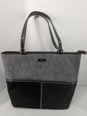 Vintage Kate Spade New York Gray Black Wool Felt Tote Bag Leather Double Handle